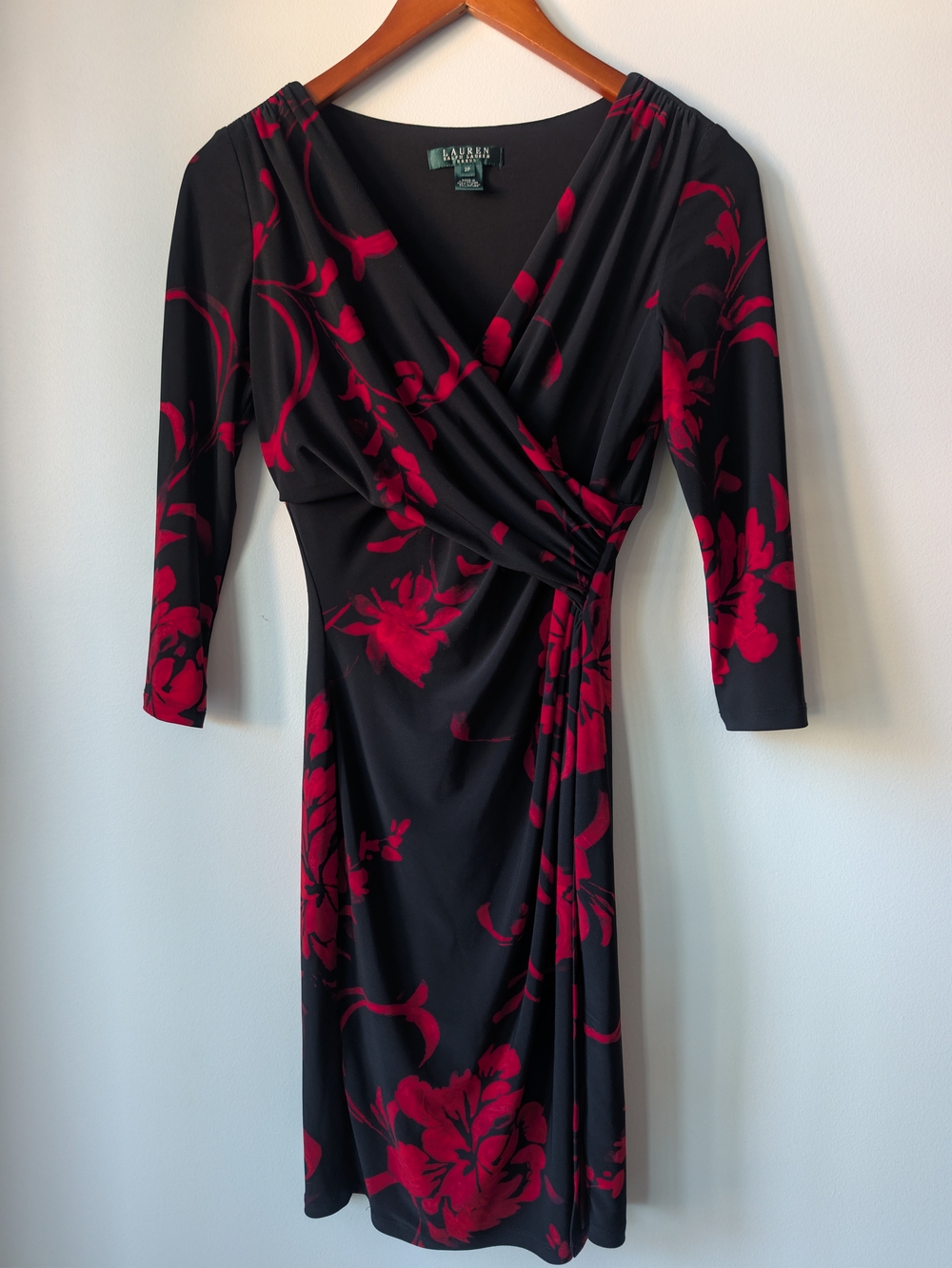 Lauren Ralph Lauren Black Dress with Red Floral Faux-Wrap